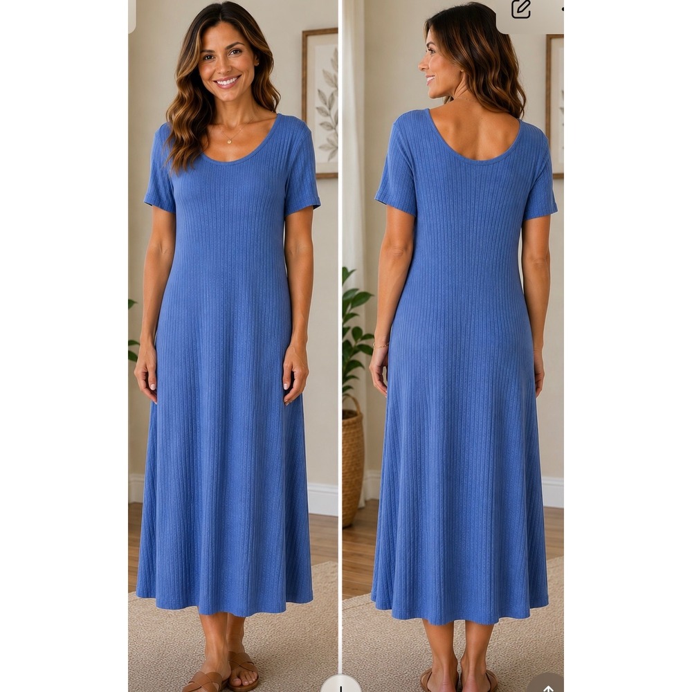 Soft Surroundings Blue Ribbed Knit Short Sleeve Midi Pocket Dress Petite Large